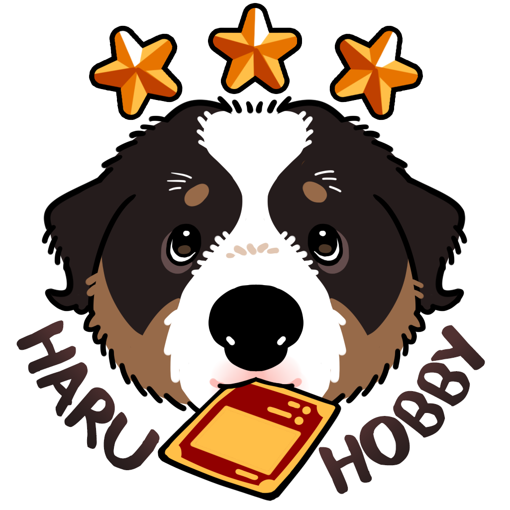 Cartoon dog with stars above its head and 'Haru Hobby' text on a white background